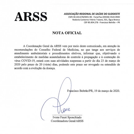COMUNICADO: ARSS SUSPENDE ATENDIMENTO  A PARTIR DE 23 DE MARÇO