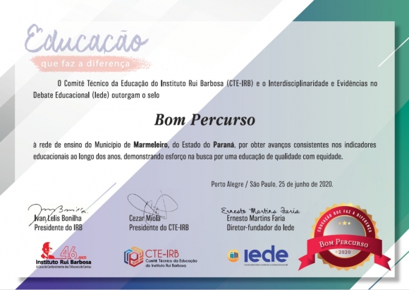MARMELEIRO  GANHA SELO NA EDUCAÇÃO