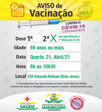 Vacinação COVID-19 2ª Dose para 69 anos ou mais
