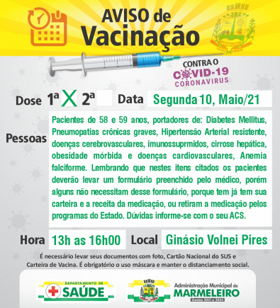 Vacinação COVID-19 1ª Dose para Pacientes com Comorbidade de 58 a 59 anos