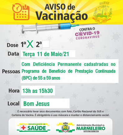 Vacinação COVID-19 1ª Dose para Pessoas Deficiência Permanente BPC 55 a 59 anos