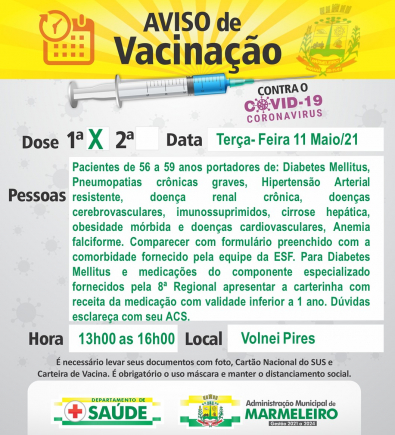 Vacinação COVID-19 1ª Dose para Down, Gestantes puérperas, comorbidades e BCP 56 a 59 anos