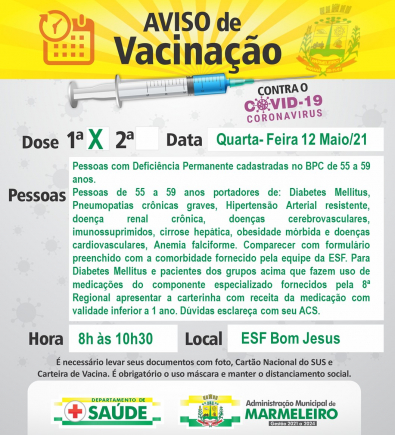 Vacinação COVID-19 1ª Dose para Pessoas Deficiência Permanente BPC 55 a 59 anos