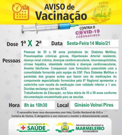 Vacinação COVID-19 1ª Dose para Pacientes com comorbidade de 55 a 59 anos