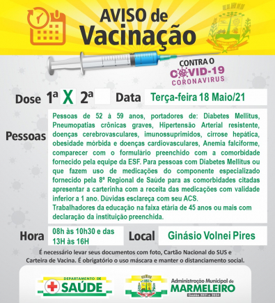Vacinação Covid-19 1ª Dose para Pacientes com comorbidade de 52 a 59 anos 