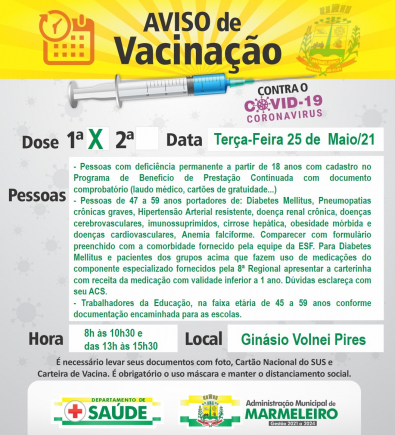 Vacinação Covid-19 1ª Dose para Pacientes com comorbidade de 47 a 59 anos 