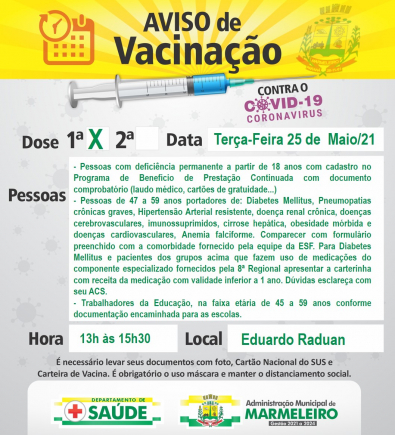 Vacinação Covid-19 1ª Dose para Pacientes com comorbidade de 47 a 59 anos interior
