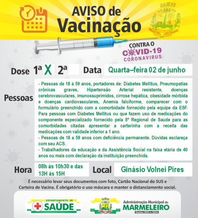 Vacinação COVID-19 1ª Dose para Pacientes com comorbidades acima de 18 anos e outros grupos