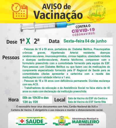 VACINAÇÃO COVID-19 1ª DOSE PARA PACIENTES COM COMORBIDADES ACIMA DE 18 ANOS E OUTROS GRUPOS