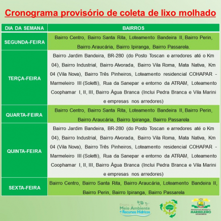 Cronograma provisório de coleta de lixo orgânico