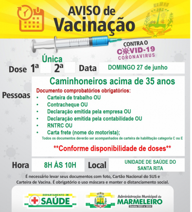Vacinação COVID-19 Dose Única Caminhoneiros acima de 35 anos