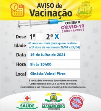 Vacinação COVID 2 dose para população com 61 anos ou mais que realizou a 1 dose contra covid em 26/04 e 27/04