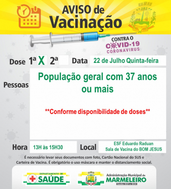 VACINAÇÃO COVID-19 1ª DOSE POPULAÇÃO COM 37 ANOS OU MAIS INTERIOR