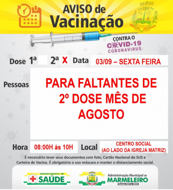 Vacinação COVID 2ª dose para os faltantes na vacinação de 2ª dose do mês de agosto