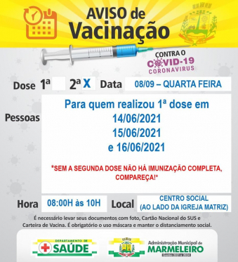 Vacinação COVID 2ª dose para quem realizou a 1ª dose em 14, 15 e 16 de agosto