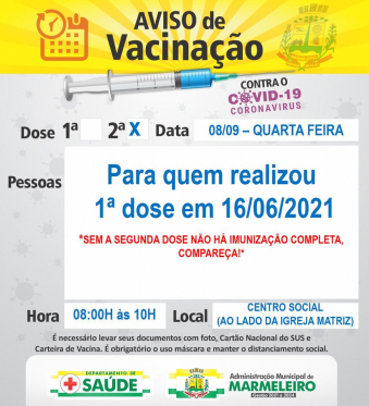 Vacinação COVID-19 2ª Dose para quem realizou a 1ª em 16 de Junho