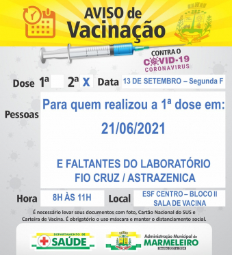 Vacinação COVID-19 2ª Dose para FALTANTES dos Lab. FIO CRUZ/ASTRAZENICA 