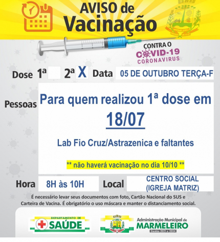 Vacinação COVID-19, 2ª Dose: População que fez a 1ª em 18/07/2021 Laboratório Fio Cruz/Astrazenica e faltantes. 