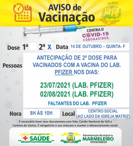 Antecipação da 2ª dose para vacinados com a vacina do Lab. Pfizer
