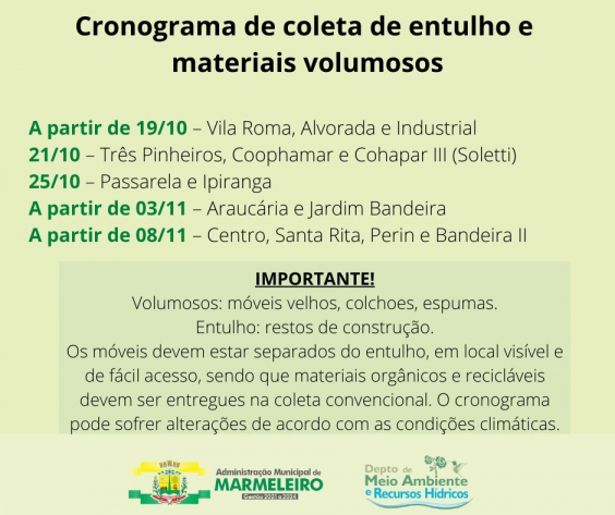 Cronograma da coleta de entulho e materiais volumosos