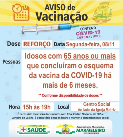 Dose de reforço para Idosos com 65 anos ou mais, que concluíram o esquema de vacinação da COVID-19 há mais de 6 meses  