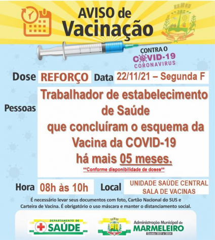 Vacinação COVID-19, dose de reforço para trabalhadores de estabelecimentos de Saúde que concluíram o esquema de vacinação da COVID há mais de 