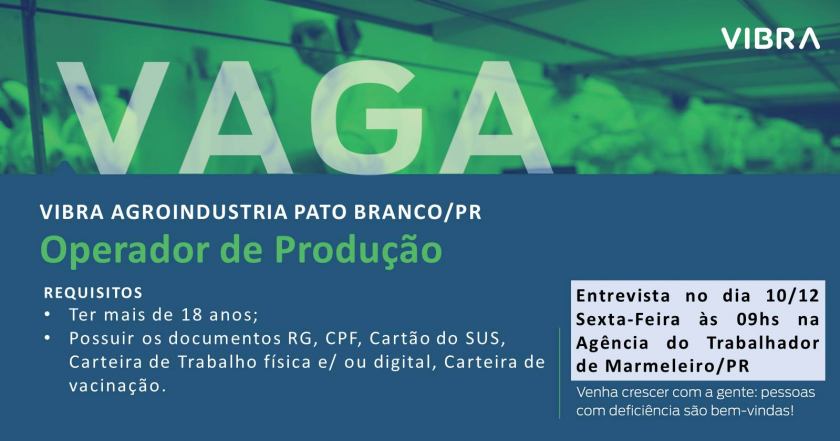 Atenção para vaga de emprego, interessados entrar em contato com a Agência do Trabalhador