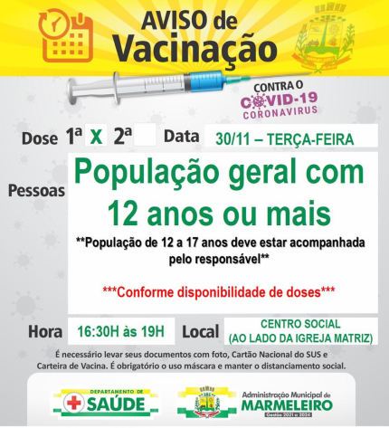  Vacinação COVID-19, 1ª dose para população geral com 12 anos ou mais