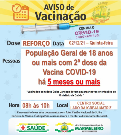 Vacinação COVID-19, dose de reforço para população geral de 18 anos ou mais com 2ª dose feita há 5 meses ou mais