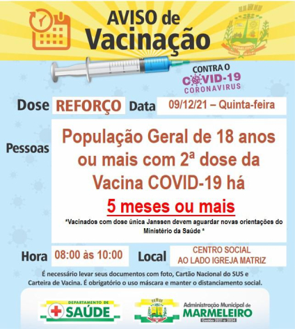 Vacinação COVID-19, dose de reforço para população geral de 18 anos ou mais com 2ª dose aplicada há 5 meses ou mais 