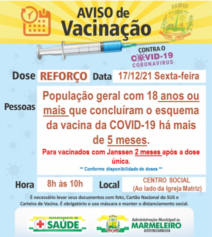 Vacinação COVID-19, dose de reforço para população geral com 18 anos ou mais que concluiu o esquema de vacinação há mais de 5 meses. Para vaci