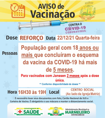 Vacinação COVID-19, dose de reforço para população geral com 18 anos ou mais que se vacinou há 5 meses ou mais  Para vacinados com Janssen 2 mes