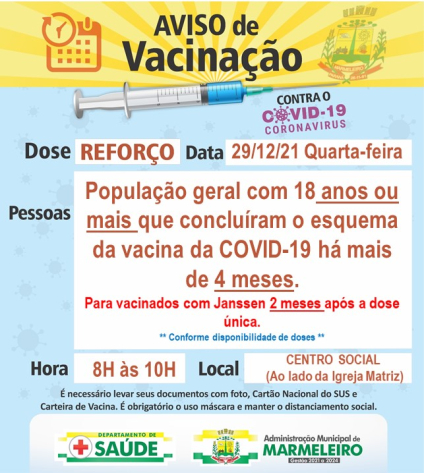 Vacinação COVID-19, dose de reforço para população geral com 18 anos ou amis que concluíram o esquema da vacina de há mais de 4 meses