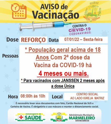 Vacinação COVID-19, dose de reforço para população geral acima de 18 anos com a 2ª dose aplicada há 4 meses ou mais Para vacinados com JANSSEN 