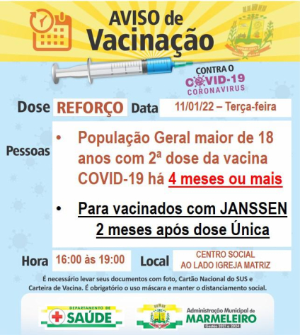 Vacinação COVID-19, dose de reforço para população geral maior de 18 anos com 2ª dose aplicada há 4 meses ou mais Para vacinados com Janssen 2 