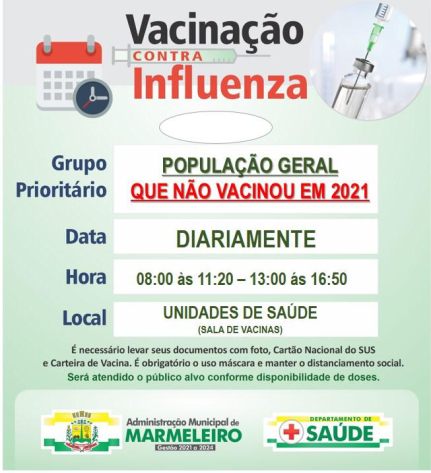 Vacinação contra influenza, para população geral que não se vacinou em 2021