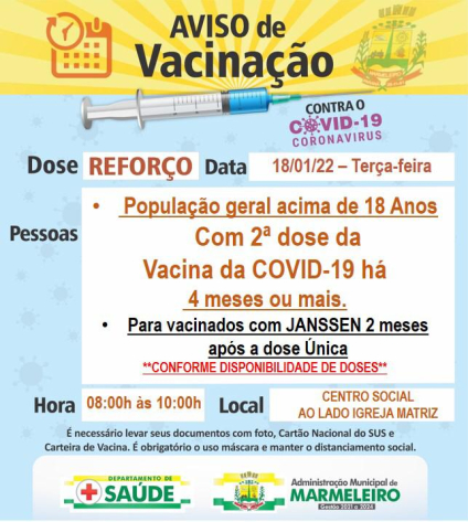 Vacinação COVID-19, dose de reforço para população geral acima de 18 anos com 2ª dose aplicada há 4 meses ou mais Para vacinados com Janssen 2 