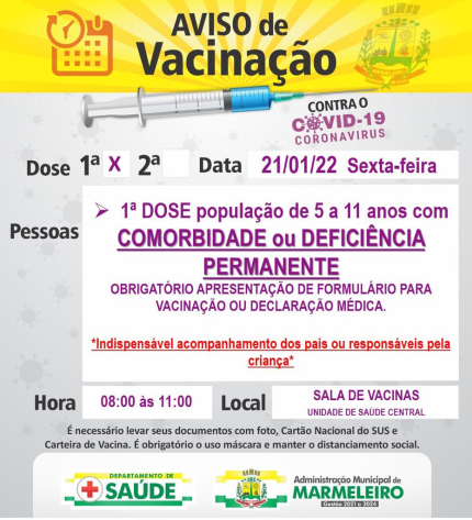 Vacinação COVID-19, 1ª dose para população de 5 a 11 anos com comorbidade ou deficiência permanente 