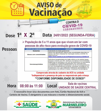 Vacinação COVID-19, 1° dose para população de 5 a 11 anos que vivam em lar com pessoas de alto risco para evolução grave de COVID-19