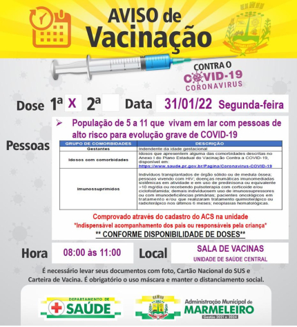  Vacinação COVID-19, 1ª dose para população de 5 a a 11 anos que vivam em lar com pessoas de alto risco para evolução grave de COVID-19