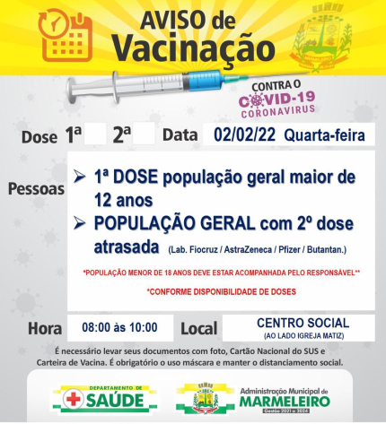 Vacinação COVID-19, 1ª dose para população geral maior de 12 anos E População geral com 2ª dose atrasada (Lab. Fiocruz, AstraZeneca, Pfizer, B