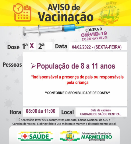 Vacinação COVID-19, 1ª dose para população de 8 a 11 anos