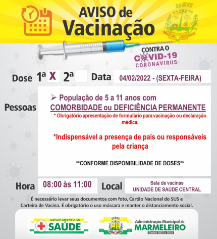 Vacinação COVID-19, 1ª dose para população de 5 a 11 anos com comorbidade ou deficiência permanente 