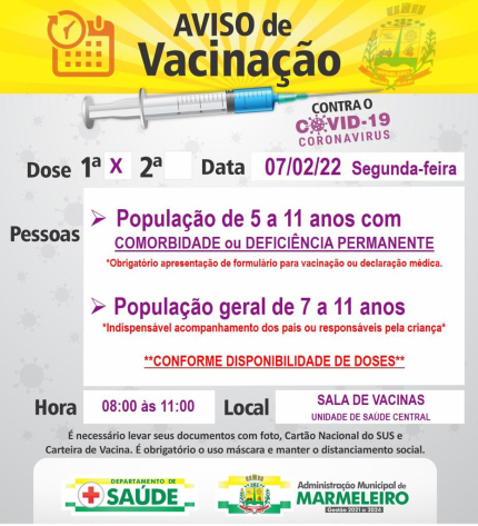 Vacinação COVID-19, 1ª dose para população de 5 a 11 anos com comorbidade ou deficiência permanente e população geral de 7 a 11 anos 