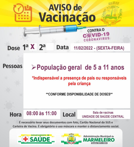 Vacinação COVID-19, 1ª dose para população geral de 5 a 11 anos 