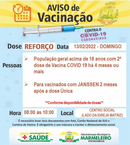 Vacinação COVID-19, dose de reforço para população geral acima de 18 anos com 2ª dose aplicada há 4 meses ou mais  Para vacinados com JANSSEN 2