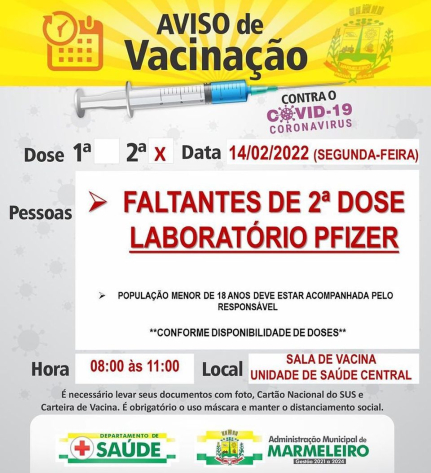 Vacinação COVID-19, 2° dose para faltantes de laboratório Pfizer. 