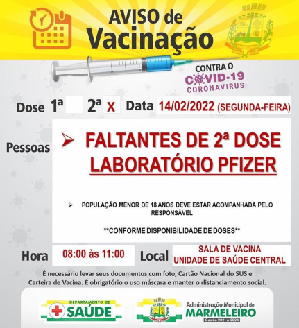 Vacinação COVID-19, 2° dose para faltantes de laboratório Pfizer. 