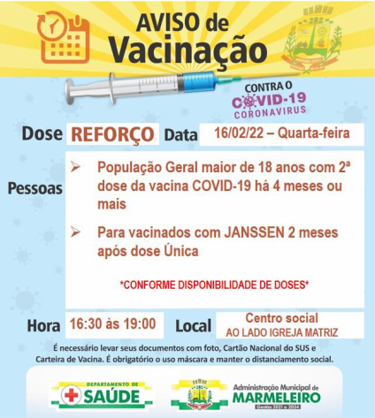 Vacinação COVID-19, dose de reforço para população geral maior de 18 anos com 2ª dose aplicada há 4 meses ou mais. E para vacinados com Jansen 