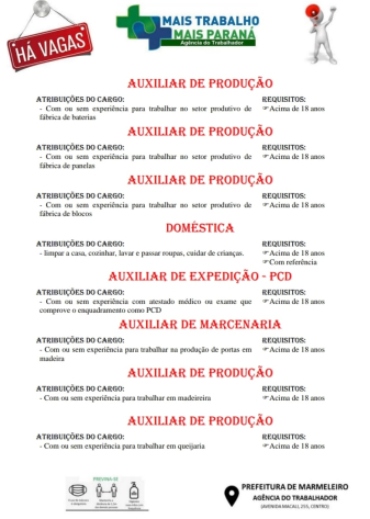 Vagas de emprego para 21/02/2022, interessados entrar em contato com a agência do trabalhador